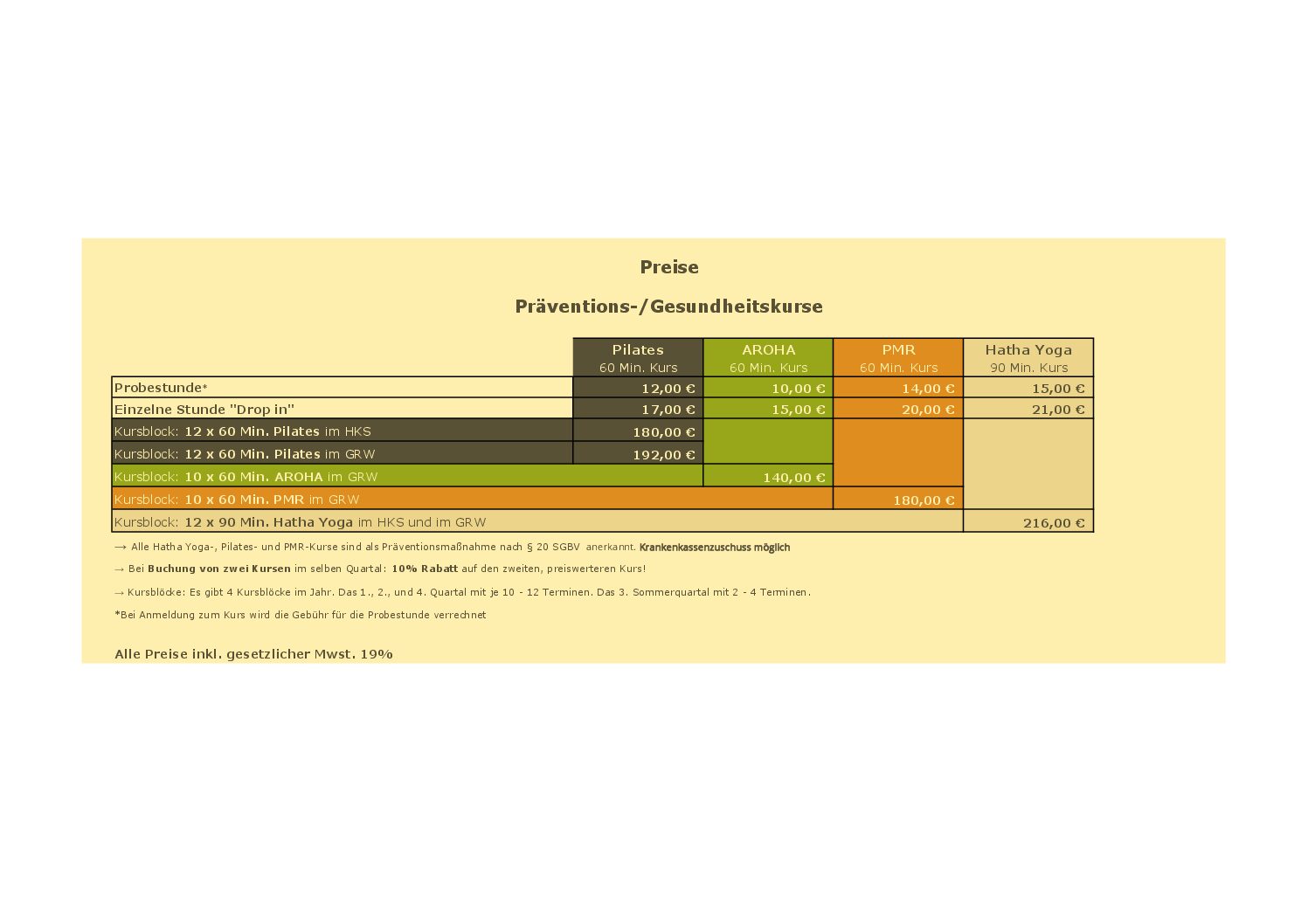 Stina Gesundheitstraining Preisliste