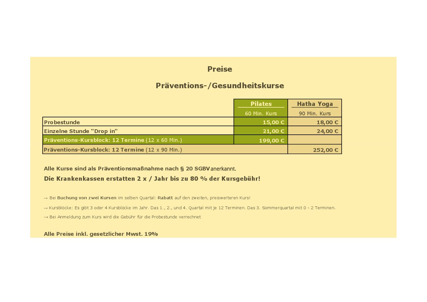 Stina Gesundheitstraining Preisliste