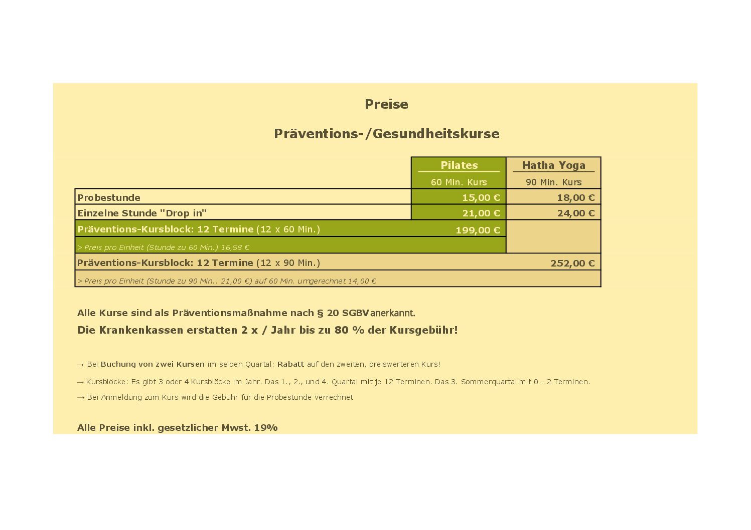 Stina Gesundheitstraining Preisliste