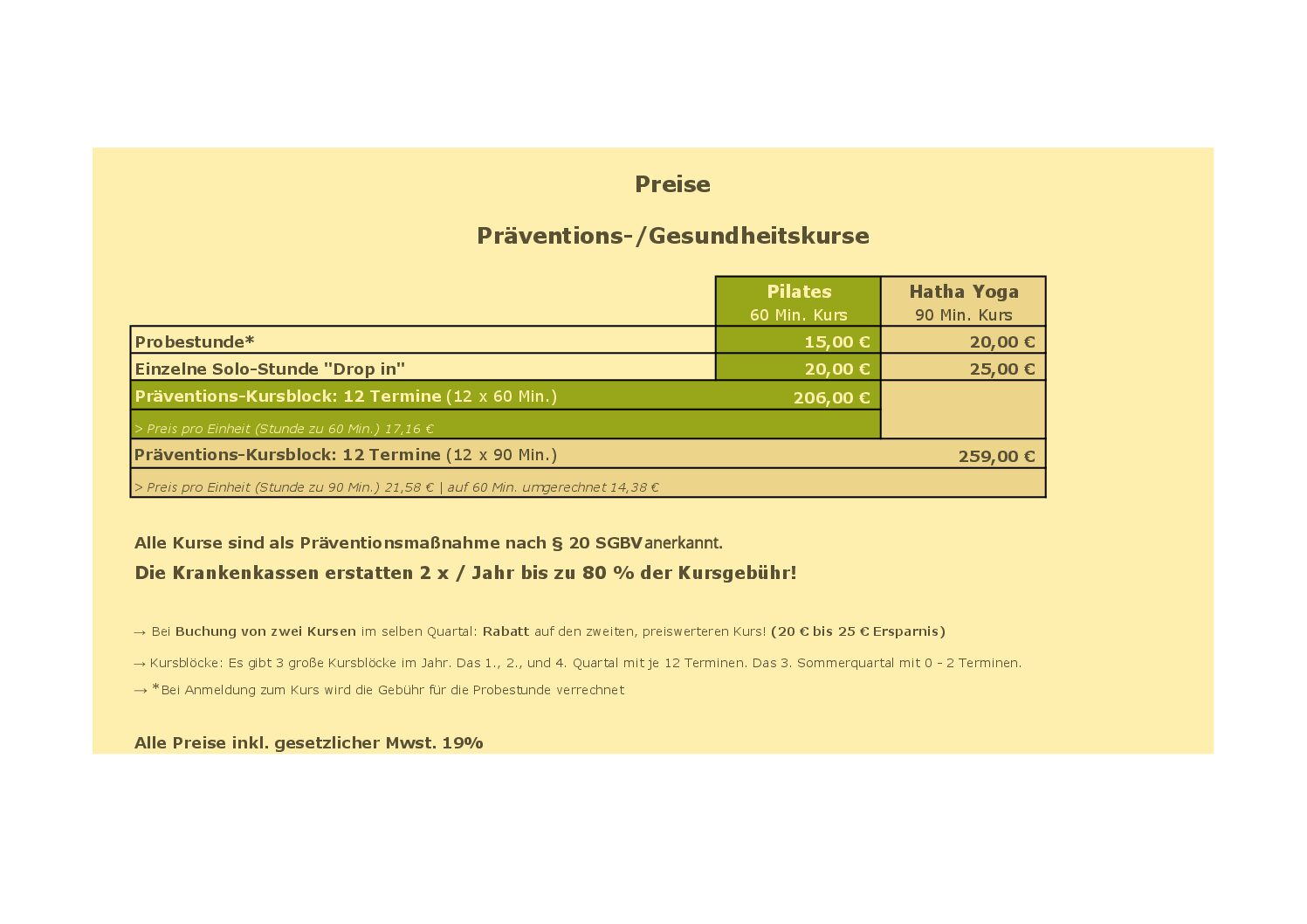 Stina Gesundheitstraining Preisliste